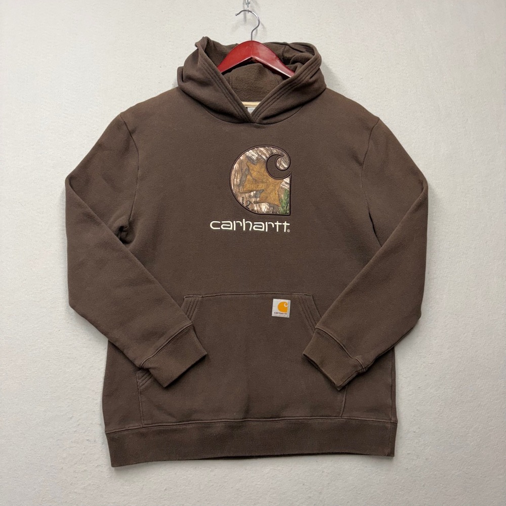 Carhartt Hoodie Kids XL Brown RealTree Camo Logo Pullover Sweatshirt Y2K